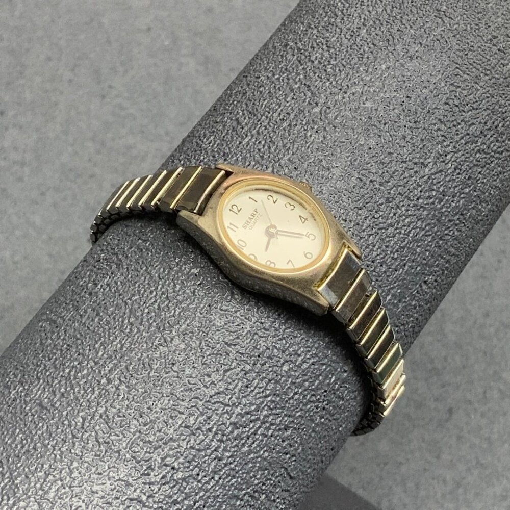 Sharp Ladies Quartz Watch AS IS Silver Stretch Band White Face Black Numbers 80s